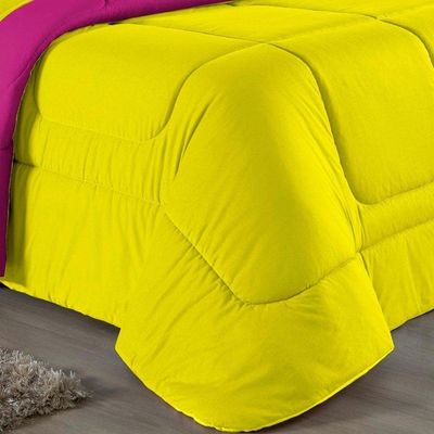 Kit Edredom Dupla Face + Jogo De Lençol Casal Viúva Nobre 7 Peças Malha 100% Algodão - Amarelo / Pink