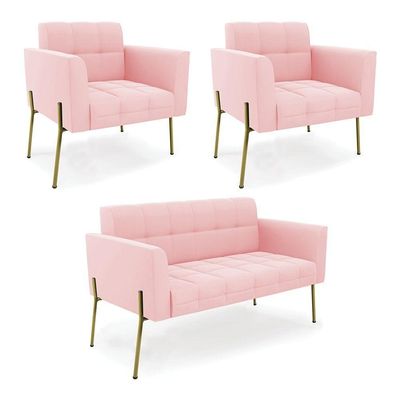 Sofá Namoradeira E 2 Poltronas Pé De Ferro Dourado Elisa Suede D03 - D'rossi Cor Rosa Bebê