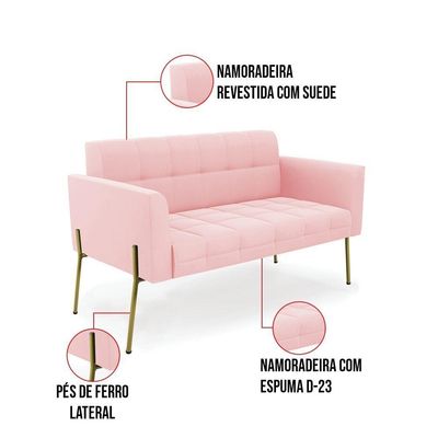 Sofá Namoradeira E 2 Poltronas Pé De Ferro Dourado Elisa Suede D03 - D'rossi Cor Rosa Bebê