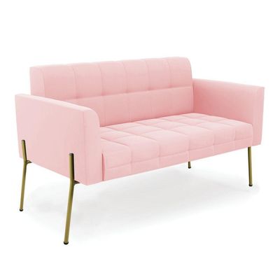 Sofá Namoradeira E 2 Poltronas Pé De Ferro Dourado Elisa Suede D03 - D'rossi Cor Rosa Bebê