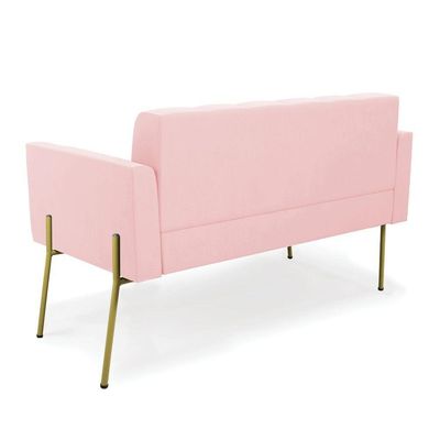 Sofá Namoradeira E 2 Poltronas Pé De Ferro Dourado Elisa Suede D03 - D'rossi Cor Rosa Bebê
