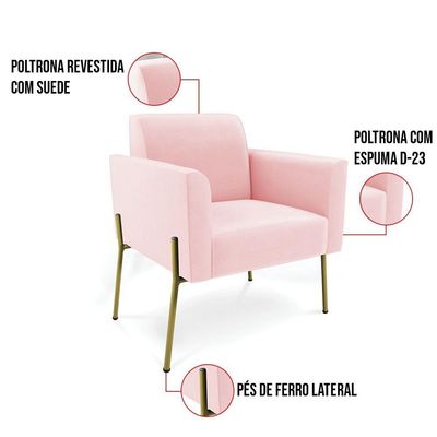 Sofá Namoradeira E 2 Poltronas Pé De Ferro Dourado Marisa Suede D03 Rosa Bebê
