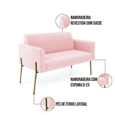 Sofá Namoradeira E 2 Poltronas Pé De Ferro Dourado Marisa Suede D03 Rosa Bebê