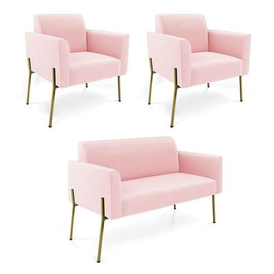 Sofá Namoradeira E 2 Poltronas Pé De Ferro Dourado Marisa Suede D03 Rosa Bebê