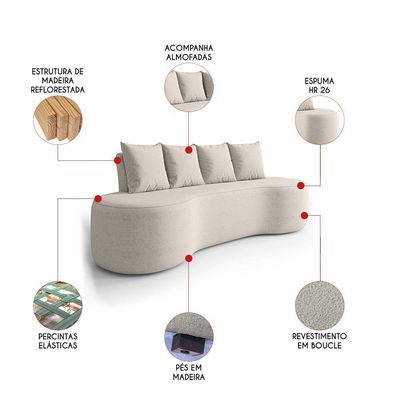 Sofá 3 Lugares Orgânico 210cm Com Almofadas Benin Bouclê B03 - D'rossi Cor Bege