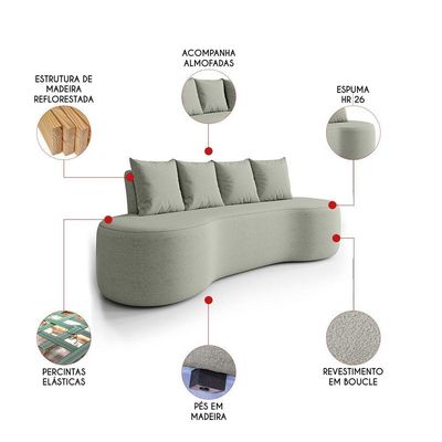 Sofá 3 Lugares Orgânico 210cm Com Almofadas Benin Bouclê B03 - D'rossi Cor Menta