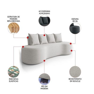 Sofá 3 Lugares Orgânico 210cm Com Almofadas Benin Bouclê B03 - D'rossi Cor Cinza