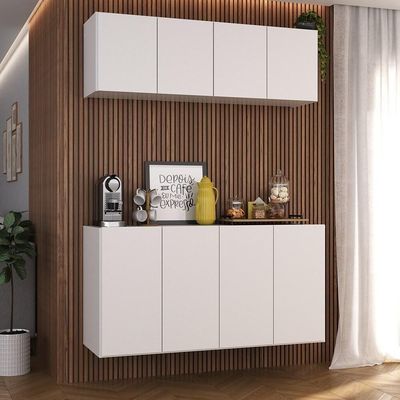 Kit Aparador Buffet Com Armário Aéreo 4 Portas Cantinho Do Café Multimóveis Mp1074 Branco Branco
