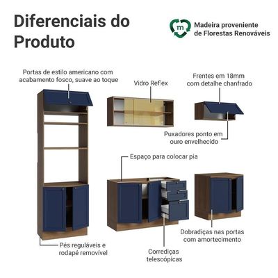 Armário De Cozinha Completa 270 Cm Rustic/azul Vik Madesa 02 Rustic/azul