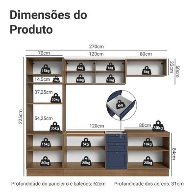 Armário De Cozinha Completa 270 Cm Rustic/azul Vik Madesa 02 Rustic/azul