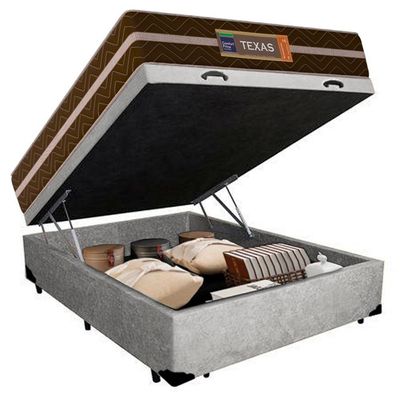Cama Box Baú Casal Suede + Colchão Molas Ensacadas Texas Prime Colchões 138cm Cinza - Suporta Até 120 Kg Por Pessoa