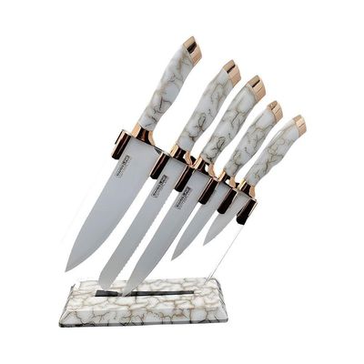 Conjunto 5 Facas Estilo Mármore Suporte Cozinha Utensílios - preto