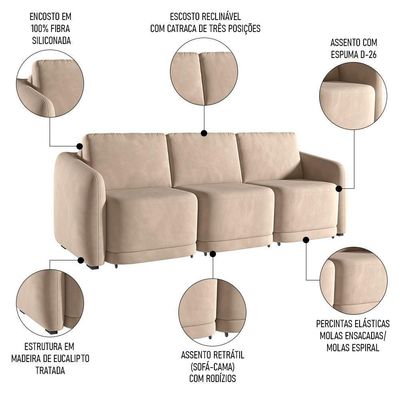 Sofá Cama Casal Para Sala 336cm Polska K04 Veludo Bege - Mpozenato