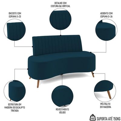Sofá 2 Lugares Para Sala Living 135cm Pés Palito Tamar K04 Veludo Azul - Mpozenato