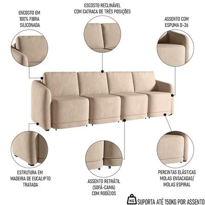 Sofá Cama Casal Para Sala 316cm Polska K04 Veludo Bege - Mpozenato