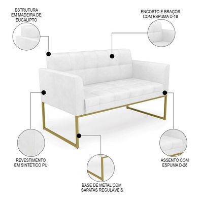 Sofá Namoradeira E 1 Poltrona Base Industrial Dourado Ana Sintético Pu Branco - Ibiza