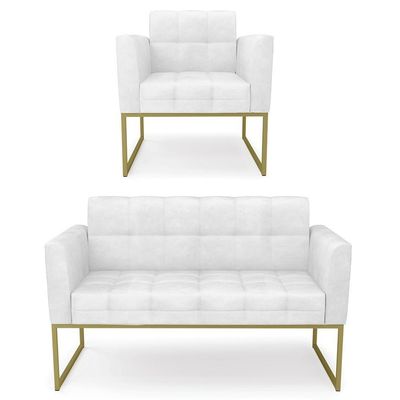 Sofá Namoradeira E 1 Poltrona Base Industrial Dourado Ana Sintético Pu Branco - Ibiza