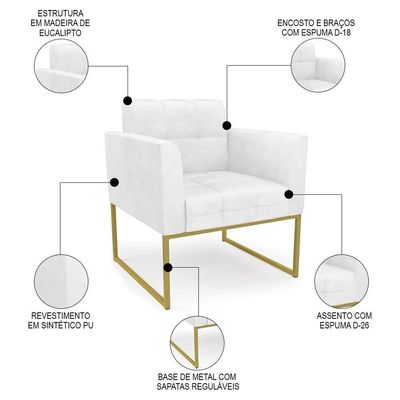 Sofá Namoradeira E 1 Poltrona Base Industrial Dourado Ana Sintético Pu Branco - Ibiza