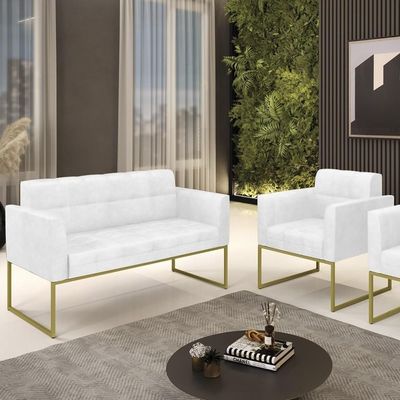 Sofá Namoradeira E 1 Poltrona Base Industrial Dourado Ana Sintético Pu Branco - Ibiza
