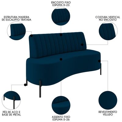 Sofá 2 Lugares 135cm Pés Aço Preto Tamar Z08 Veludo Azul - Mpozenato