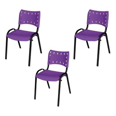 Kit 3 Cadeira Iso Tubo Oblongo Aço Industrial Empilhavel Roxo