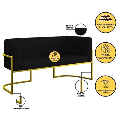 Sofá 2 Lugares Veludo Com Base De Metal Dourada Preto