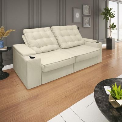 Sofá Retratil Reclinavel 3 Lugares 2,30m Porta Copo USB Bege