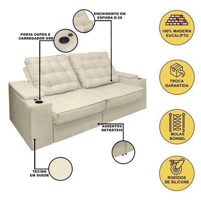 Sofá Retratil Reclinavel 3 Lugares 2,30m Porta Copo USB Bege