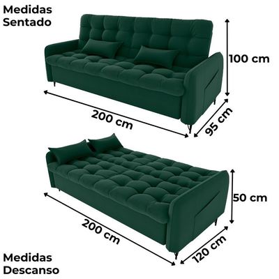 Sofa Cama 2 Lugares 200cm Pillar Veludo E402 Verde Milani Store Verde