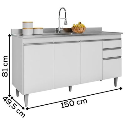 Balcao Para Pia 150 Cm 4 Portas 2 Gavetas Bp Ayla Branco