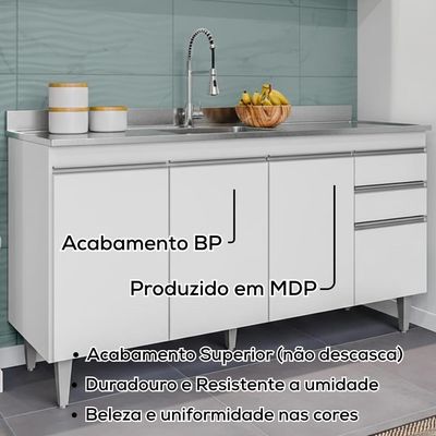 Balcao Para Pia 150 Cm 4 Portas 2 Gavetas Bp Ayla Branco