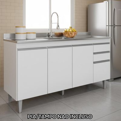 Balcao Para Pia 150 Cm 4 Portas 2 Gavetas Bp Ayla Branco
