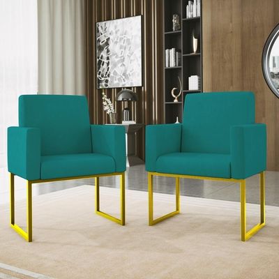 Kit Sofá 2 Lugares + 2 Poltronas Recepção Sala Base Dourada Cor:azul Turquesa Azul Turquesa