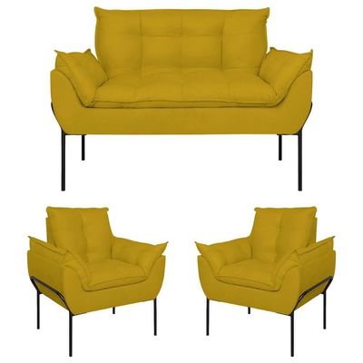 Kit 02 Poltronas + Namoradeira Reforçada Opala Metal Preto Amarelo