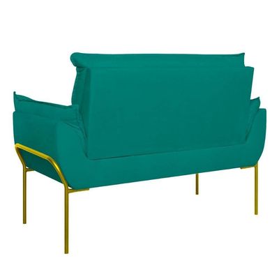 Sofá Namoradeira Base Metal Dourada Reforçada Tecido Suede Azul Turquesa