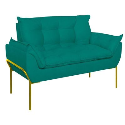Sofá Namoradeira Base Metal Dourada Reforçada Tecido Suede Azul Turquesa