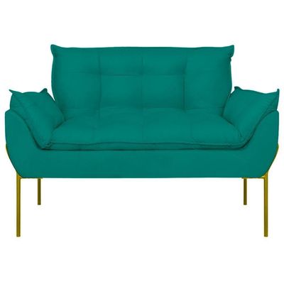 Sofá Namoradeira Base Metal Dourada Reforçada Tecido Suede Azul Turquesa