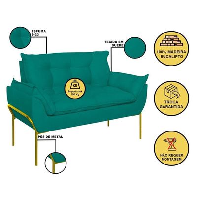 Sofá Namoradeira Base Metal Dourada Reforçada Tecido Suede Azul Turquesa