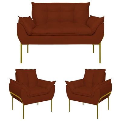 Kit 02 Poltronas + Namoradeira Reforçada Opala Metal Dourado Terracota