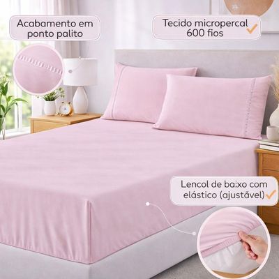 Jogo De Lençol Casal Padrão Premium Soft 600 Fios Micropercal Rosa Bebê Ponto Palito Toque Macio 3 Peças
