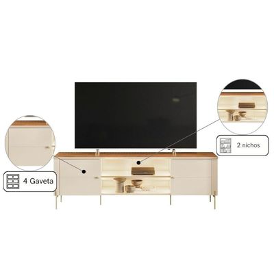 Rack Para Tv Com Nichos Abertos E Pés De Metal Off White Canela