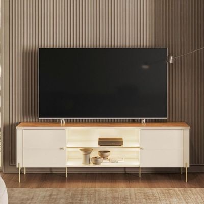 Rack Para Tv Com Nichos Abertos E Pés De Metal Off White Canela