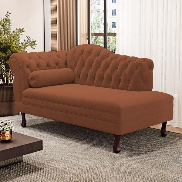 Divã Recamier Lavínia Clássico 120cm Capitonê Com Pés De Madeira Bouclê Terracota - Desk Design