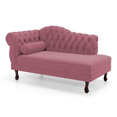 Divã Recamier Chaise Longue Lavínia 150cm Capitonê Pés De Madeira Suede Rosa - Desk Design