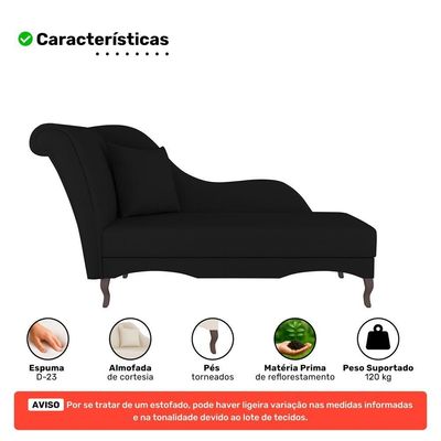 Divã Recamier Chaise Longue Valentina Clássico Com Pés De Madeira Veludo Preto - Desk Design