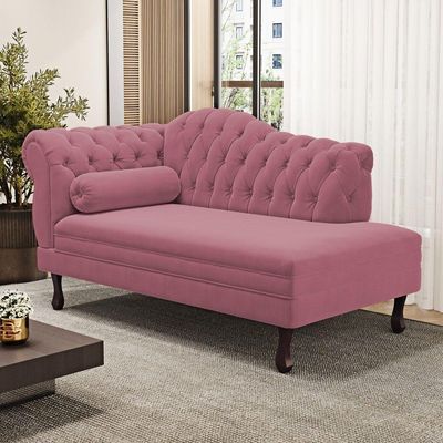 Divã Recamier Chaise Longue Lavínia 150cm Capitonê Pés De Madeira Suede Rosa - Desk Design