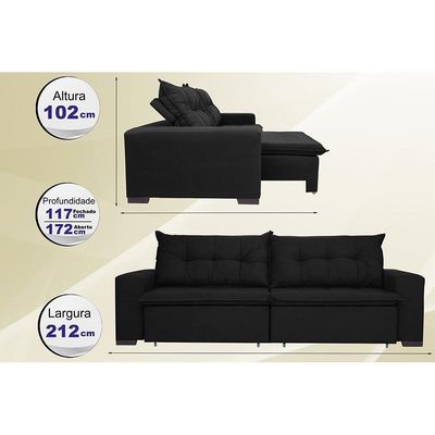 Sofá Austrália 2,12 Mts Retrátil, Reclinável Com Molas E Pillow No Assento Tecido Suede Preto