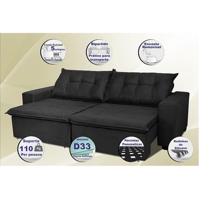 Sofá Austrália 2,12 Mts Retrátil, Reclinável Com Molas E Pillow No Assento Tecido Suede Preto