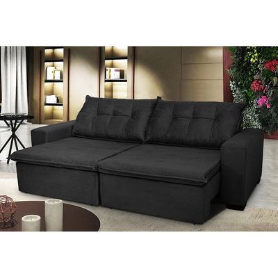Sofá Austrália 2,12 Mts Retrátil, Reclinável Com Molas E Pillow No Assento Tecido Suede Preto