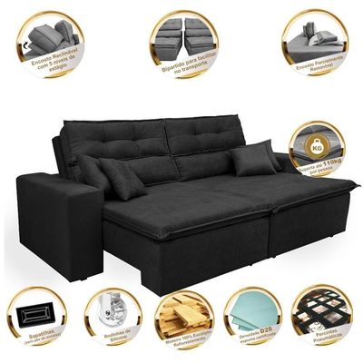 Sofá Cairo 2,02m Retrátil, Reclinável Tecido Suede Preto